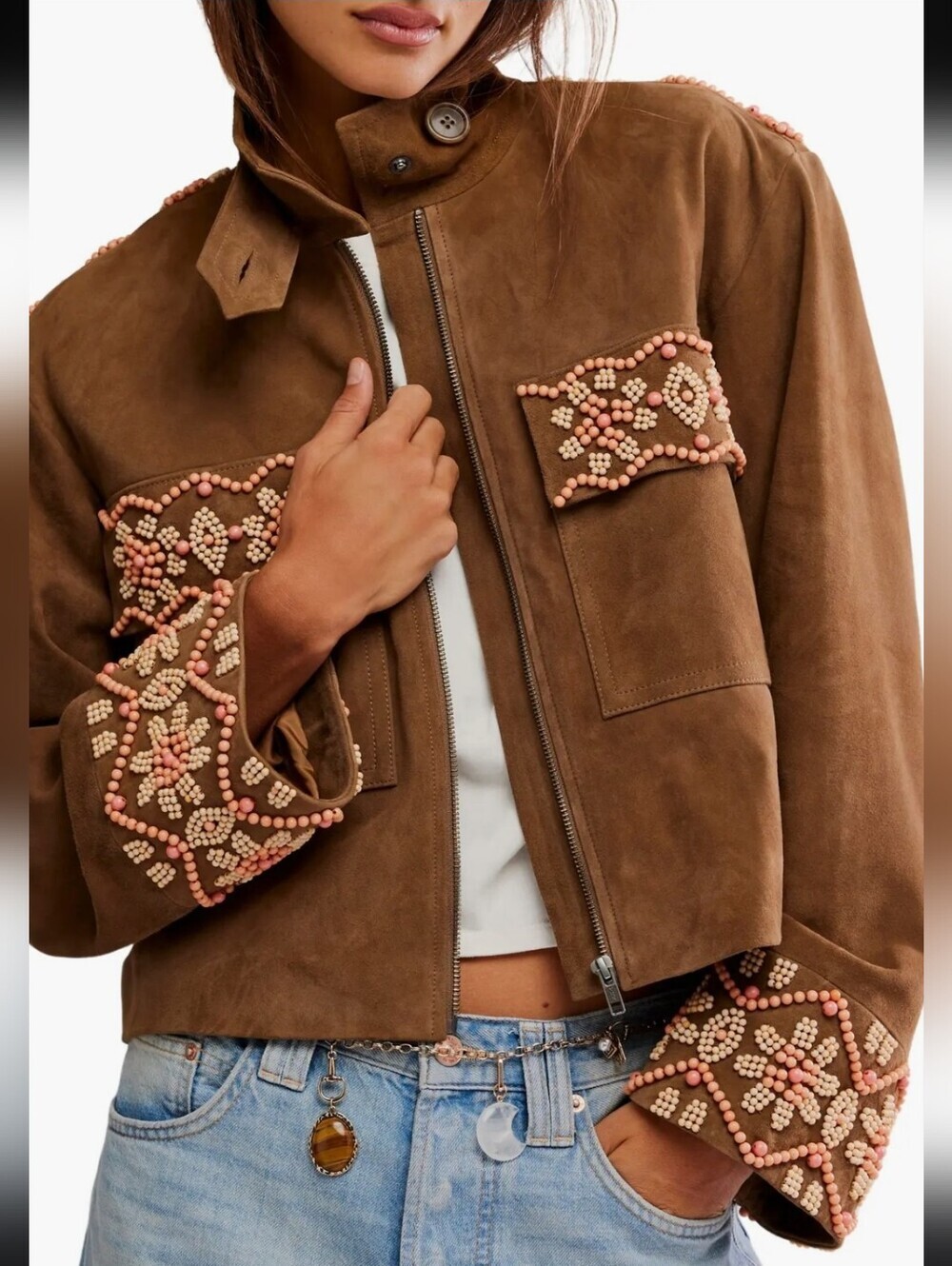 Free People Brown Suede Jacket with Pink & Cream Beadwork